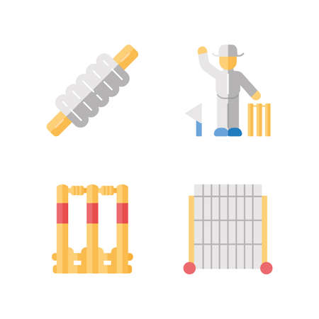 Cricket championship flat design long shadow color icons set. Sport competition. Bail, stumps, sight screen, umpire. Sporting gear, judge. Club tournament. Team battle. Vector silhouette illustrationsのイラスト素材