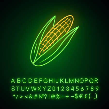 Corn neon light icon. Maize. Agriculture plant. Popcorn ingredient. Healthy nutrition. Diet. Vegan food. Vegetable farm. Glowing sign with alphabet, numbers and symbols. Vector isolated illustrationのイラスト素材