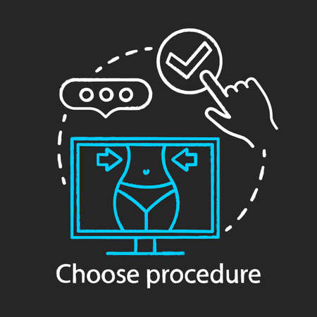 Choose procedure chalk icon. Health care procedures. Medical treatment. Plastic surgery center services. Liposuction. Figure. Operation. Isolated vector chalkboard illustrationのイラスト素材