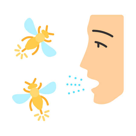 Allergies to insect stings flat design long shadow color icon. Human face and flying insects. Allergic reaction to wasps, hornets and bees bites. Medical problem. Vector silhouette illustrationのイラスト素材