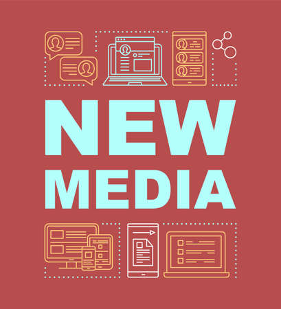 New media red word concepts banner. Social network, media, gaming, marketing, user interface. Presentation, website. Isolated lettering typography idea with linear icons. Vector outline illustrationのイラスト素材