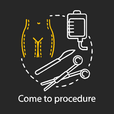 Come to procedure chalk icon. Medical care. Hospital visit. Checkup. Plastic surgery center. Medical instruments. Body contouring operation. Isolated vector chalkboard illustrationのイラスト素材