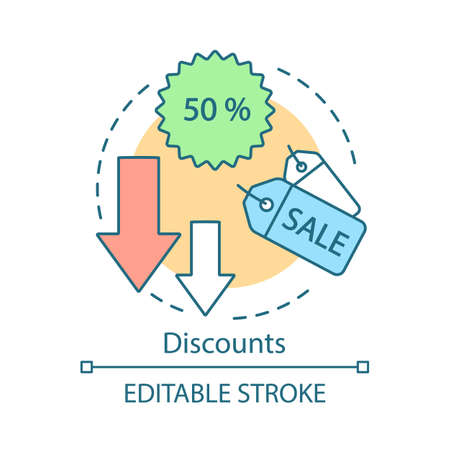 Referral discounts concept icon. Marketing idea thin line illustration. Special offer, seasonal, clearance sale. Fifty percent off. Prices decreasing. Vector isolated outline drawing. Editable strokeのイラスト素材