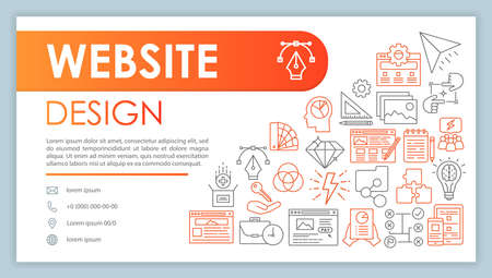 Website design banner, business card vector template. Site builder. Company contacts with phone, email linear icons. Web development. Presentation, web page idea. Corporate print layoutのイラスト素材