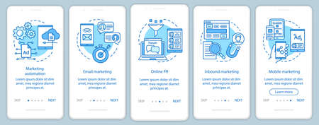 Digital marketing tactics blue onboarding mobile app page screen vector template. Advertising campaign walkthrough website steps with linear illustrations. UX, UI, GUI smartphone interface conceptのイラスト素材