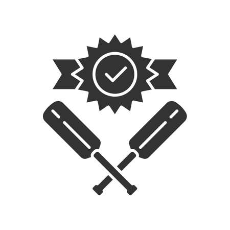 Cricket win glyph icon. Sport tournament. Winner trophy, crossed bits. Team battle. Outdoor sports activity. League competition. Silhouette symbol. Negative space. Vector isolated illustrationのイラスト素材