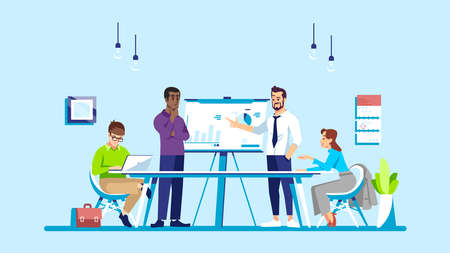 Business training flat vector illustration. Corporate meeting, conference, business course. Coworkers, partners, colleagues discussing task isolated cartoon characters. Office work, teamwork conceptのイラスト素材