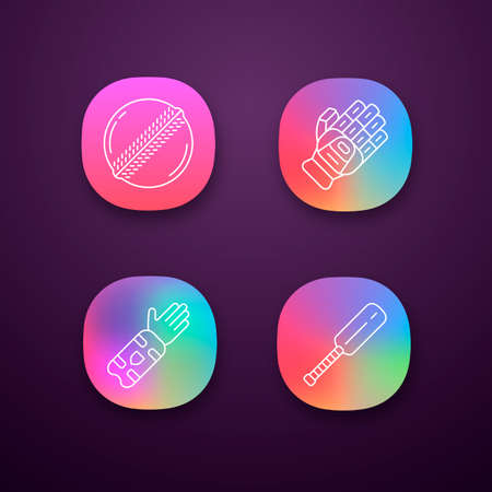 Cricket championship app icons set. Sport protective gear, game equipment. Outdoor sports activity. Team game. UI/UX user interface. Web or mobile applications. Vector isolated illustrationsのイラスト素材