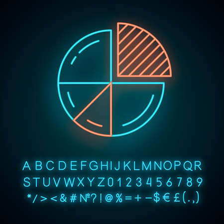 Pie chart neon light icon. Circle divided into parts. Diagram. Circular statistical graphic. Data visualization. Glowing sign with alphabet, numbers and symbols. Vector isolated illustrationのイラスト素材