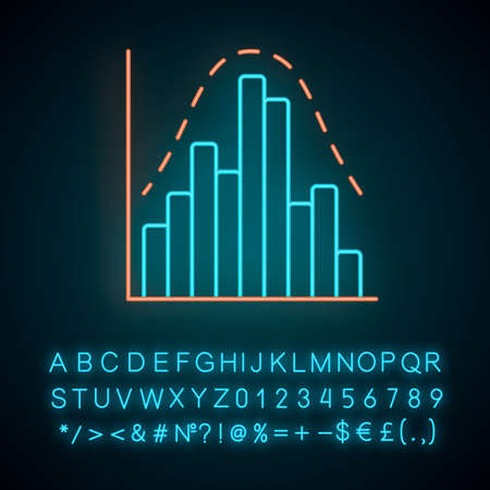 Histogram neon light icon. Diagram. Business trade info. Financial analytics. Statistics data. Report in visible form. Glowing sign with alphabet, numbers and symbols. Vector isolated illustrationのイラスト素材