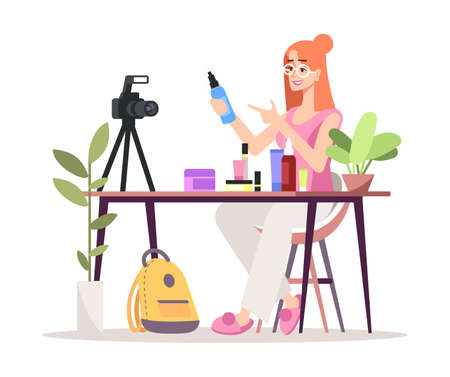 Cosmetics online review flat vector illustration. Fashion, beauty blogger, vlogger isolated cartoon character on white background. Makeup, skincare products video review. Influencer marketing conceptのイラスト素材