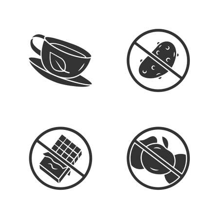 Low carbs glyph icons set. No fructose and glucose, diabetic products. Organic green tea cup, antioxidant. Silhouette symbols. Sugar free food and healthy eating vector isolated illustrationのイラスト素材