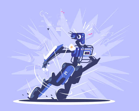 Robot police officer flat vector illustration. Cyborg, humanoid policeman isolated cartoon character. Patrol cop with artificial intelligence. Robotics revolution. AI security, military guardのイラスト素材