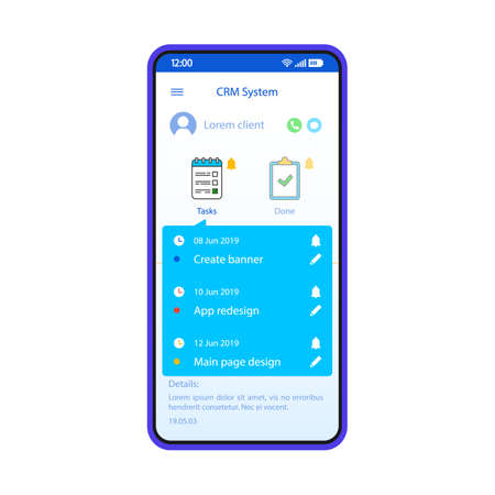 CRM system smartphone interface vector template. Mobile customer manager app page blue design layout. Client management software screen. Flat UI for application. Business organizer. Phone displayのイラスト素材