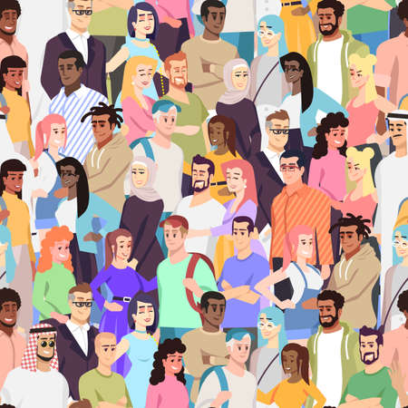 Multicultural diversity vector seamless pattern. Multiethnic community members. Different nations representatives in crowd. Caucasian, arabian, african cheerful young people. Wallpaper designのイラスト素材