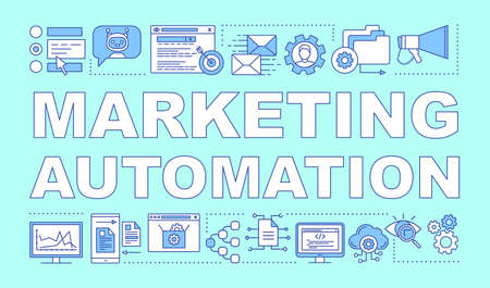 Marketing automation word concepts banner. SEO, SEM, web analytics.  Presentation, website. Isolated lettering typography idea with linear icons. Vector outline illustrationのイラスト素材
