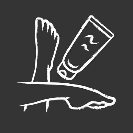 Moisturizing leg cream, sunblock chalk icon. Feminine hygiene, body care isolated vector chalkboard illustration. Cosmetology, skincare product, suntan protection. Woman feet and lotion tubeのイラスト素材