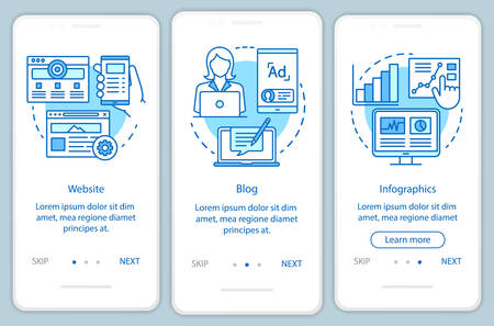 Channels for SEO blue onboarding mobile app page screen vector template. Marketing, strategy, blog walkthrough website steps with linear illustrations. UX, UI, GUI smartphone interface conceptのイラスト素材