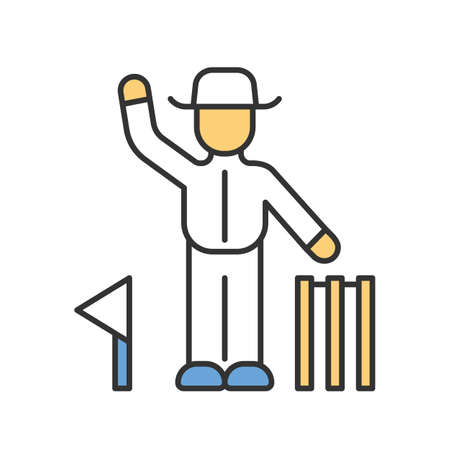 Cricket judge color icon. Umpire signals decision. Arbitrator follow game. Man in white uniform, flag and wicket. Sport competition, tournament. Outdoor sports activity. Isolated vector illustrationのイラスト素材