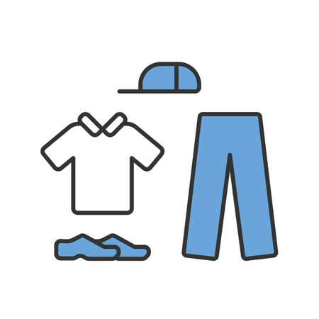 Cricket uniform color icon. Cricket whites. Sport flannels. Sportswear. Collared shirt, long trousers, cap, shoes. Man outfit. Team clothes. Outdoor activity. Isolated vector illustrationのイラスト素材