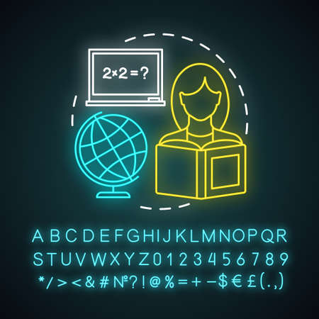 School lesson, learning process neon light concept icon. Knowledge gaining idea. Glowing sign with alphabet, numbers and symbols. Globe and student, teacher with book vector isolated illustrationのイラスト素材