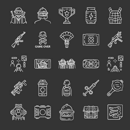 Online game inventory chalk icons set. Shooter from first person. Online multiplayer battle royale. Esports, cybersports equipment. Computer, video game tools. Isolated vector chalkboard illustrationsのイラスト素材