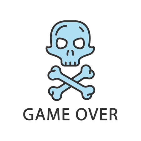 Game over color icon. Virtual video game level end, finish, failure. Skull with crossbones. Esports, cybersports sign. Computer game fail, loser. Cybersport. Isolated vector illustrationのイラスト素材