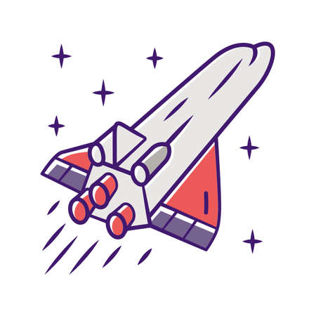 Spaceship color icon. Flying spacecraft. Aerospace vehicle. Interstellar space ship. Missile, aircraft. Human spaceflight. Space exploration. Interplanetary travel. Isolated vector illustrationのイラスト素材
