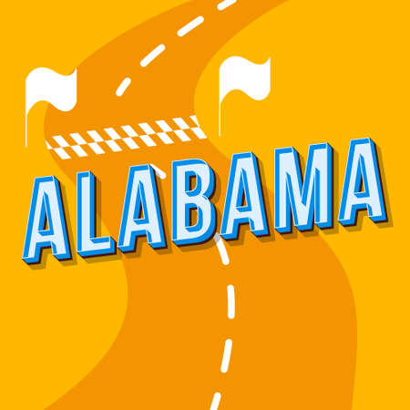 Alabama vintage 3d vector lettering. Retro bold font, typeface. Pop art stylized text. Old school style letters. 90s, 80s poster, banner design. Racing track orange color backgroundのイラスト素材