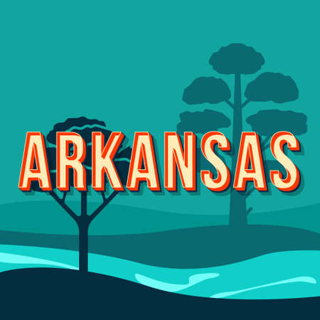 Arkansas vintage 3d vector lettering. Retro bold font, typeface. Pop art stylized text. Old school style letters. 90s, 80s poster, banner, t shirt typography design. Blue color background with pinesのイラスト素材