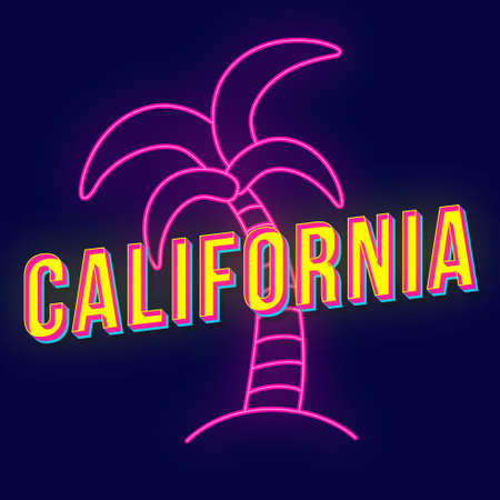 California vintage 3d vector lettering. Retro bold font, typeface. Pop art stylized text. Old school style neon light letters. 90s, 80s poster, banner. Dark blue color background with beach palmのイラスト素材