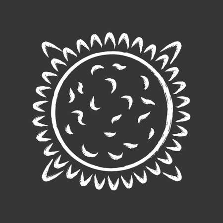 Sun chalk icon. Star in Solar System center. Hot plasma sphere. Energy source. Solar activity study. Space exploration. Astronomy, astrophysics, astrology. Isolated vector chalkboard illustrationのイラスト素材