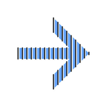 Striped blue arrow color icon. Arrowhead indicating rightward. Direction pointer. Navigation pointer, indicator sign. Cursor symbol. Orientation arrow. Isolated vector illustrationのイラスト素材