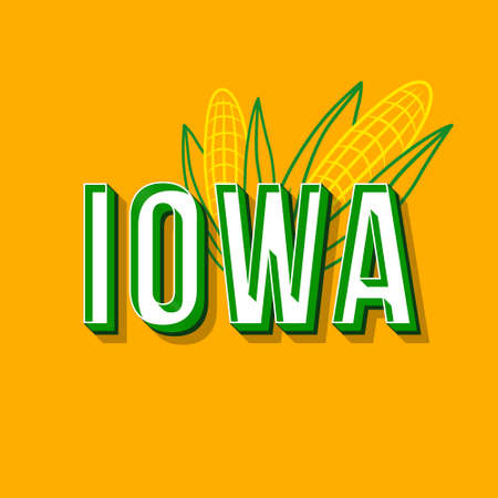 Iowa vintage 3d vector lettering. Retro bold font, typeface. Pop art stylized text. Old school style letters. 90s, 80s poster, banner, t shirt typography design. Honey color background with cornのイラスト素材