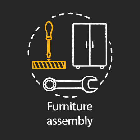 Furniture assembly chalk concept icon. Home service idea. Contractor repairman. Wooden cupboard installing. House gentrification. Vector isolated chalkboard illustrationのイラスト素材