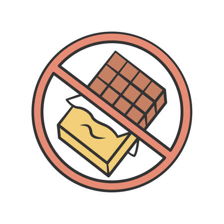 Chocolate free product color icon. No sugar, sweetener and glucose sign. Zero calories, diabetic diet, healthy eating. Sweets, junk food refuse. No chocolate bar isolated vector illustrationのイラスト素材