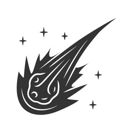 Comet glyph icon. Falling star. Meteor, asteroid. Bright celestial object. Icy solar system body. Fireball. Atmospheric meteorite. Silhouette symbol. Negative space. Vector isolated illustrationのイラスト素材