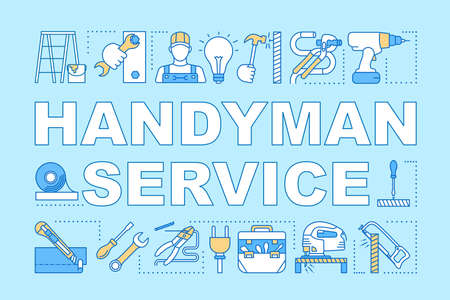 Handyman service word concepts banner. Home repair. Broken things fix. House maintenance. Presentation, website. Isolated lettering typography idea with linear icons. Vector outline illustrationのイラスト素材