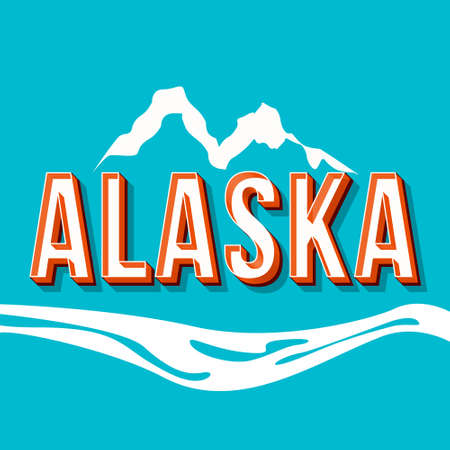 Alaska vintage 3d vector lettering. Retro bold font, typeface. Pop art stylized text. Old school style letters. 90s, 80s poster, banner design. Sea and mountains azure color backgroundのイラスト素材