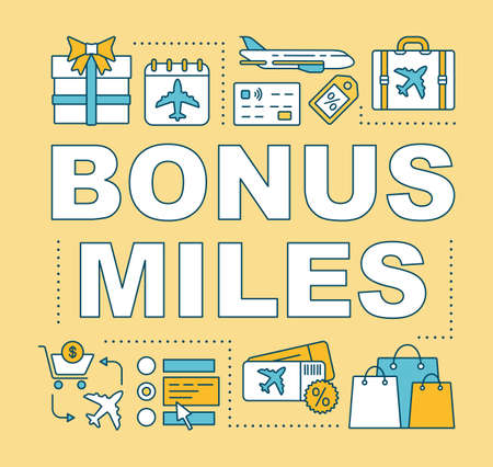 Bonus miles word concepts banner. Earn air miles. Low cost flights. Discount tickets. Presentation, website. Isolated lettering typography idea with linear icons. Vector outline illustrationのイラスト素材