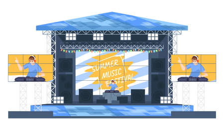 Summer DJ music festival flat vector illustration. Electronic musicfest. Turntablist creating new mix. Open air live performance. Deejay on stage isolated cartoon character on white backgroundのイラスト素材