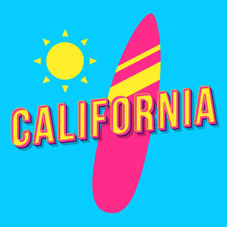 California vintage 3d vector lettering. Retro bold font, typeface. Pop art stylized text. Old school style letters. 90s, 80s poster, banner typography design. Azure color background with surfboardのイラスト素材