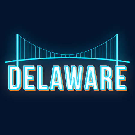 Delaware vintage 3d vector lettering. Retro bold font, typeface. Pop art stylized text. Old school style neon light letters. 90s, 80s poster, banner typography design. Prussian color backgroundのイラスト素材