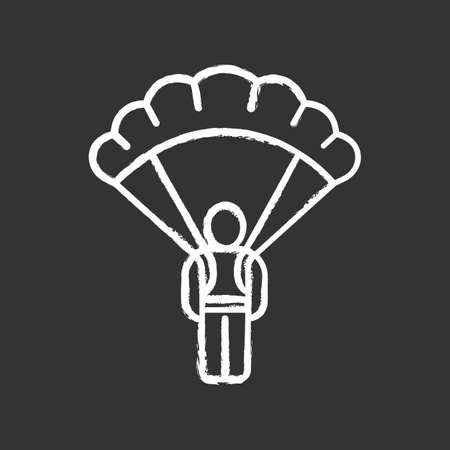 Parachute skydiver chalk icon. Virtual video game equipment, inventory. Parachuting, skydiving. Game player, warrior, soldier with parachute. Cybersport. Isolated vector chalkboard illustrationのイラスト素材