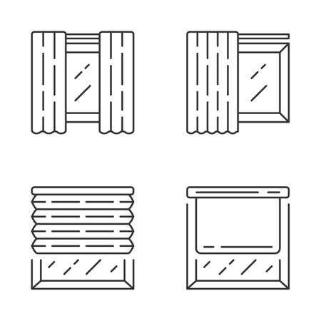 Window coverings and curtains linear icons set. Panel pair, tracks, pleated blinds, roller shades. Home decor shop. Thin line contour symbols. Isolated vector outline illustrations. Editable strokeのイラスト素材