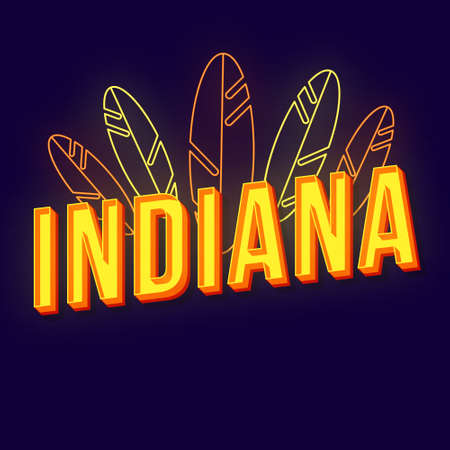 Indiana vintage 3d vector lettering. Retro bold font, typeface. Pop art stylized text. Old school style neon light letters. 90s, 80s poster, banner. Dark violet color background with feathersのイラスト素材