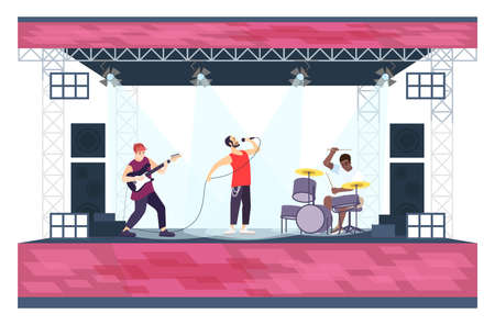 Summer rock festival flat vector illustration. Pop music summer performance. Guitarist, vocalist and drummer on scene. Music band on open air stage isolated cartoon characters on white backgroundのイラスト素材