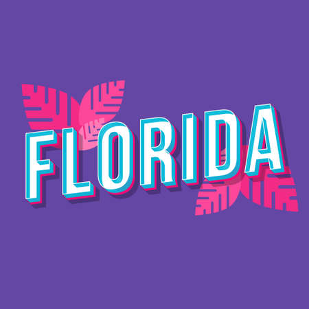 Florida vintage 3d vector lettering. Retro bold font, typeface. Pop art stylized text. Old school style letters. 90s, 80s poster, banner typography design. Pink leaves, amethyst color backgroundのイラスト素材