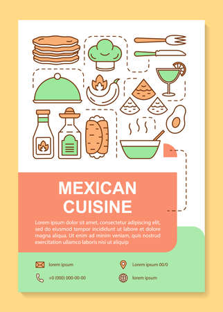 Mexican cuisine brochure template layout. Mexico restaurant. Flyer, booklet, leaflet print design with linear illustrations. Vector page layouts for magazines, annual reports, advertising postersのイラスト素材