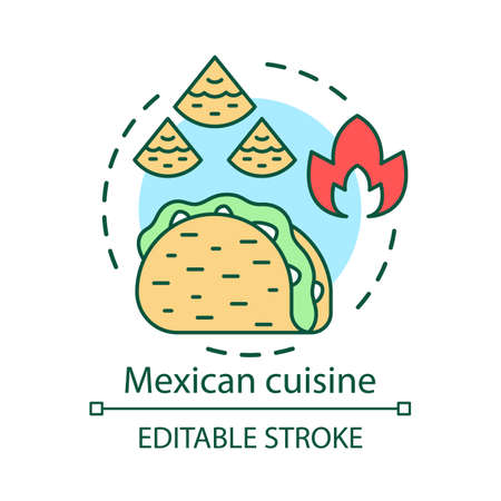 Mexican cuisine concept icon. Chili fast food. Hispanic street food. Mexico tortilla dishes. Spicy taco and nachos idea thin line illustration. Vector isolated outline drawing. Editable strokeのイラスト素材